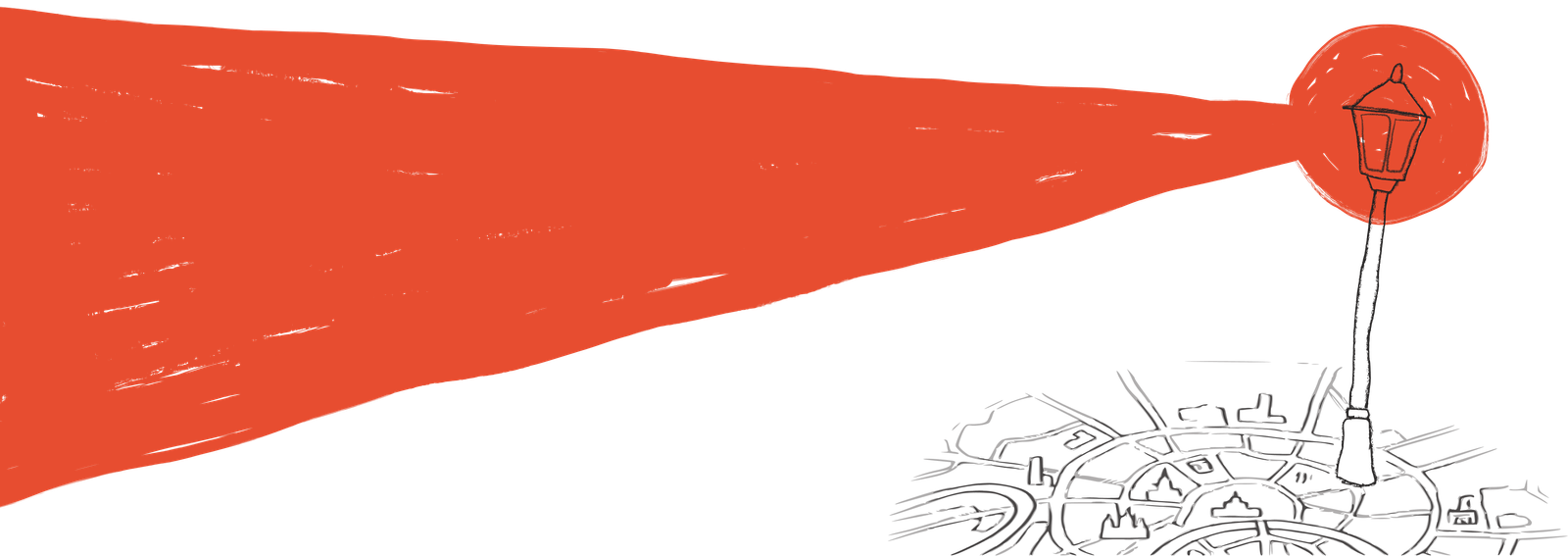 Илюстрация фонаря, который освещает карту города. Символ ориентира и помощи